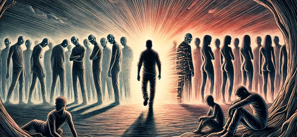 DALL·E 2025-02-26 22.04.36 - A symbolic banner showing a man walking away from a group of shadowy, distorted men and women representing ugliness and disrespect. As he moves forwar