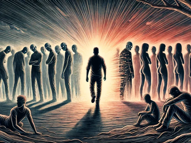 DALL·E 2025-02-26 22.04.36 - A symbolic banner showing a man walking away from a group of shadowy, distorted men and women representing ugliness and disrespect. As he moves forwar